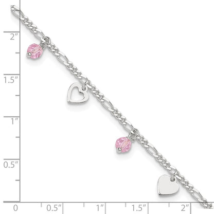 Sterling Silver Pink Glass Beads And Polished Hearts 9 Inch Anklet With 1 Extension