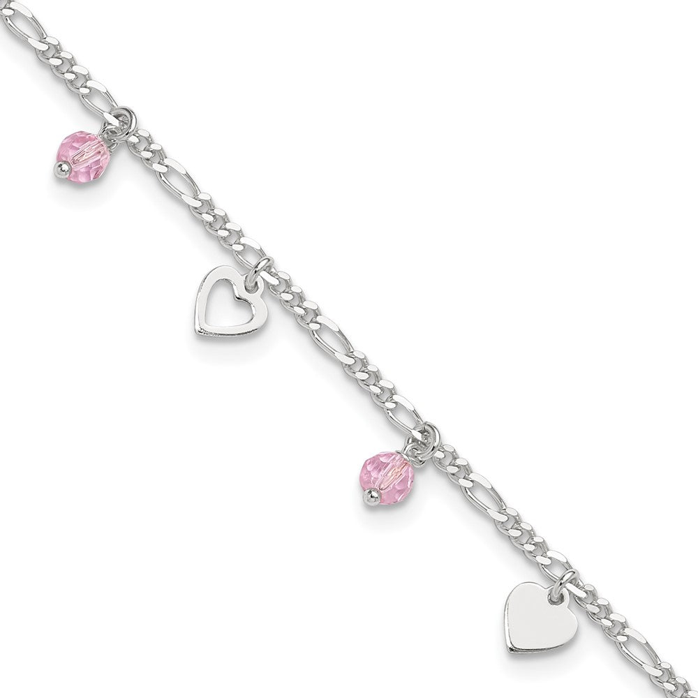 Sterling Silver Pink Glass Beads And Polished Hearts 9 Inch Anklet With 1 Extension
