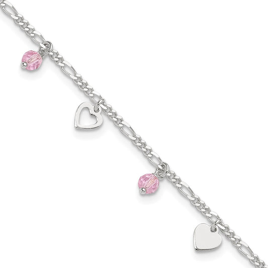 Sterling Silver Pink Glass Beads And Polished Hearts 9 Inch Anklet With 1 Extension