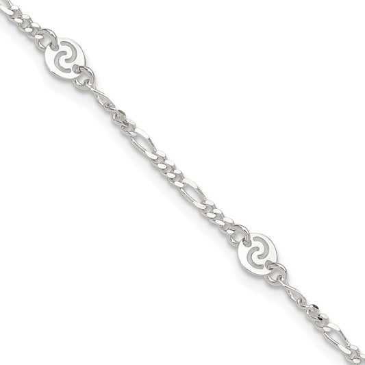 Sterling Silver Polished Swirl Disc 9In Plus 1In Ext. Anklet