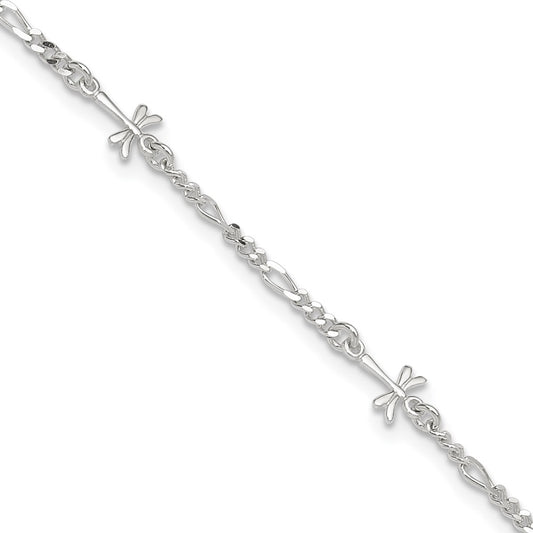 Sterling Silver Polished Dragonfly 8In Plus 1In Ext. Anklet
