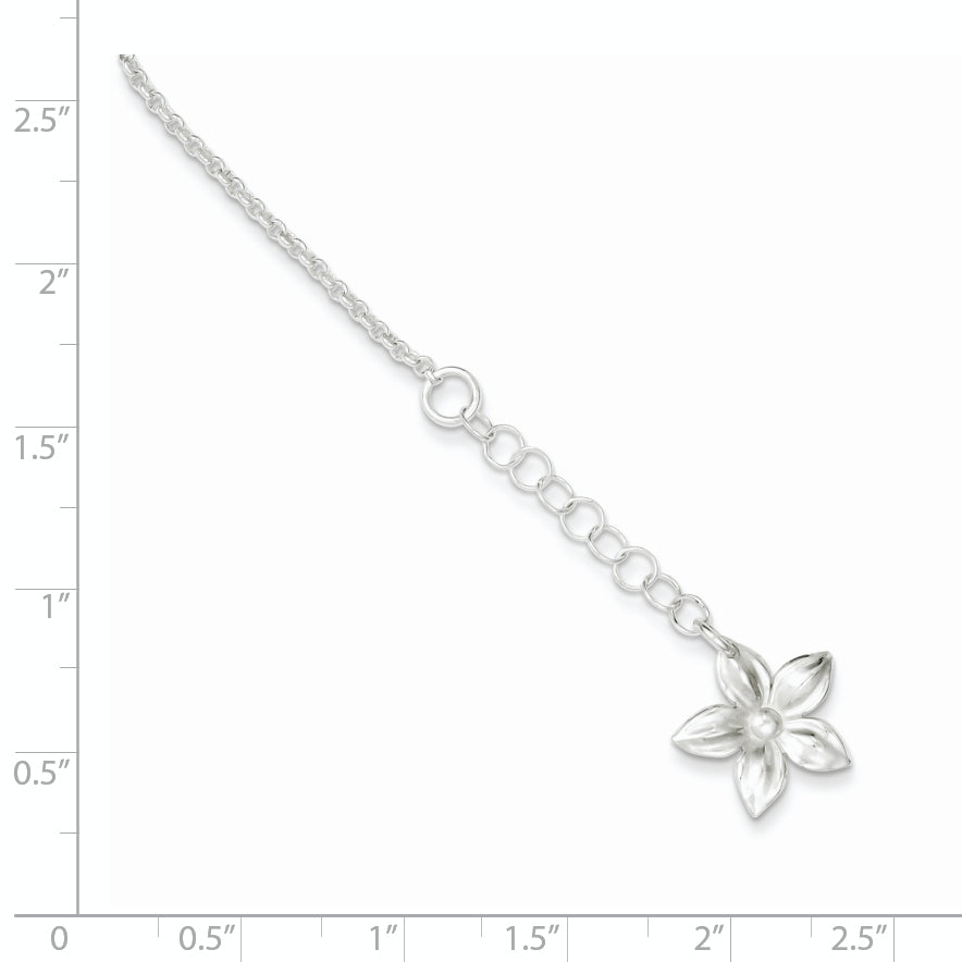 Sterling Silver Polished Flower 9In Plus 1In Ext. Anklet