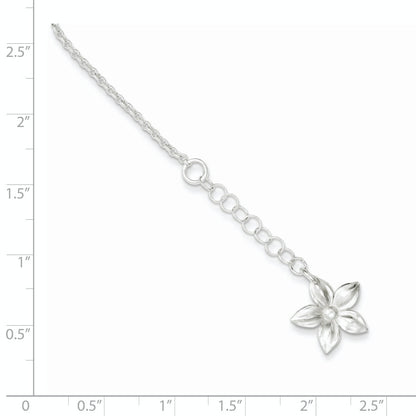 Sterling Silver Polished Flower 9In Plus 1In Ext. Anklet
