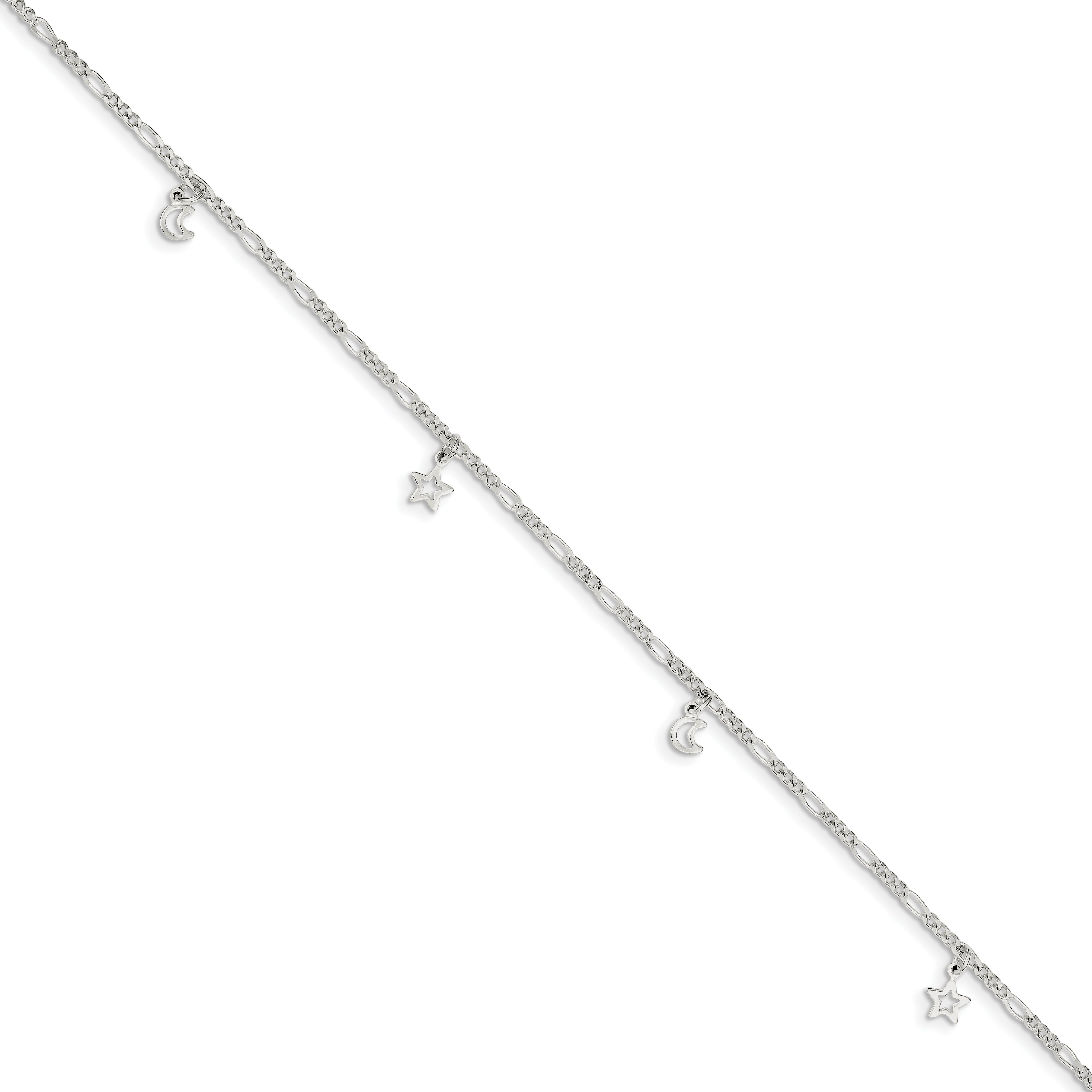 Sterling Silver Polished Star And Moon 9In Plus 1In Ext. Anklet