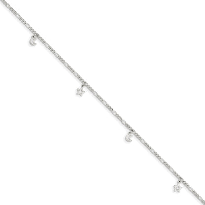 Sterling Silver Polished Star And Moon 9In Plus 1In Ext. Anklet