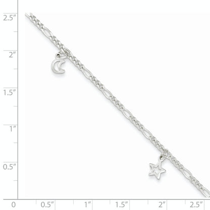 Sterling Silver Polished Star And Moon 9In Plus 1In Ext. Anklet