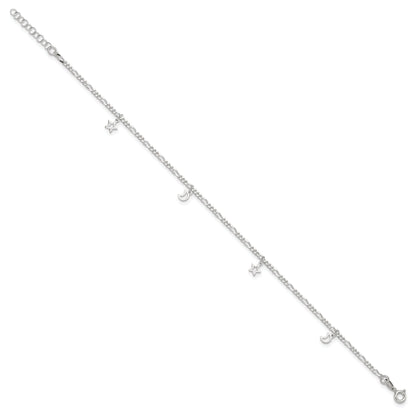 Sterling Silver Polished Star And Moon 9In Plus 1In Ext. Anklet
