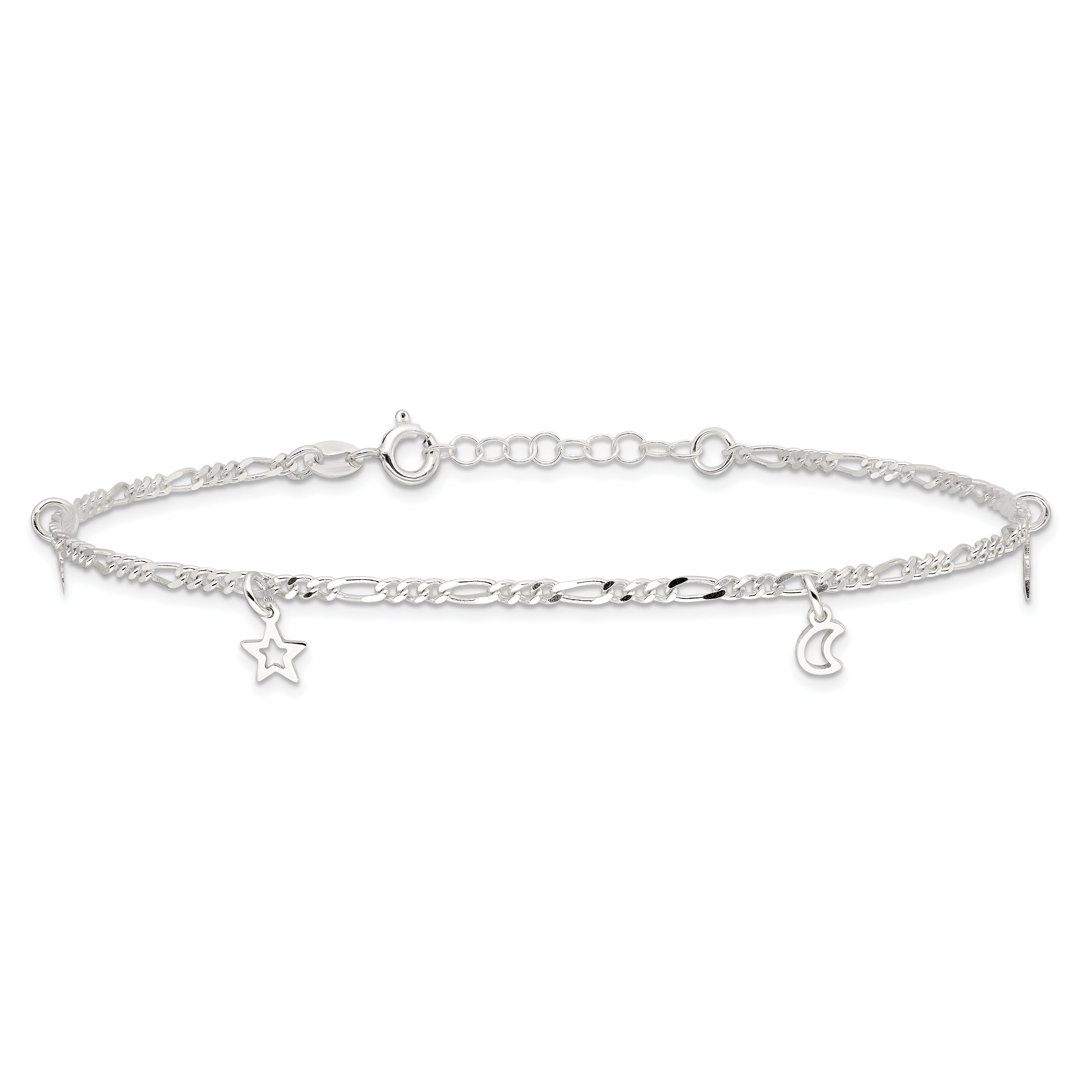 Sterling Silver Polished Star And Moon 9In Plus 1In Ext. Anklet