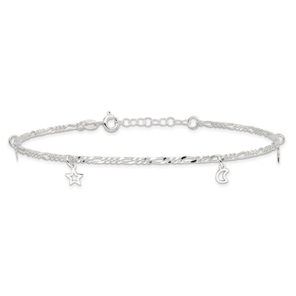 Sterling Silver Polished Star And Moon 9In Plus 1In Ext. Anklet