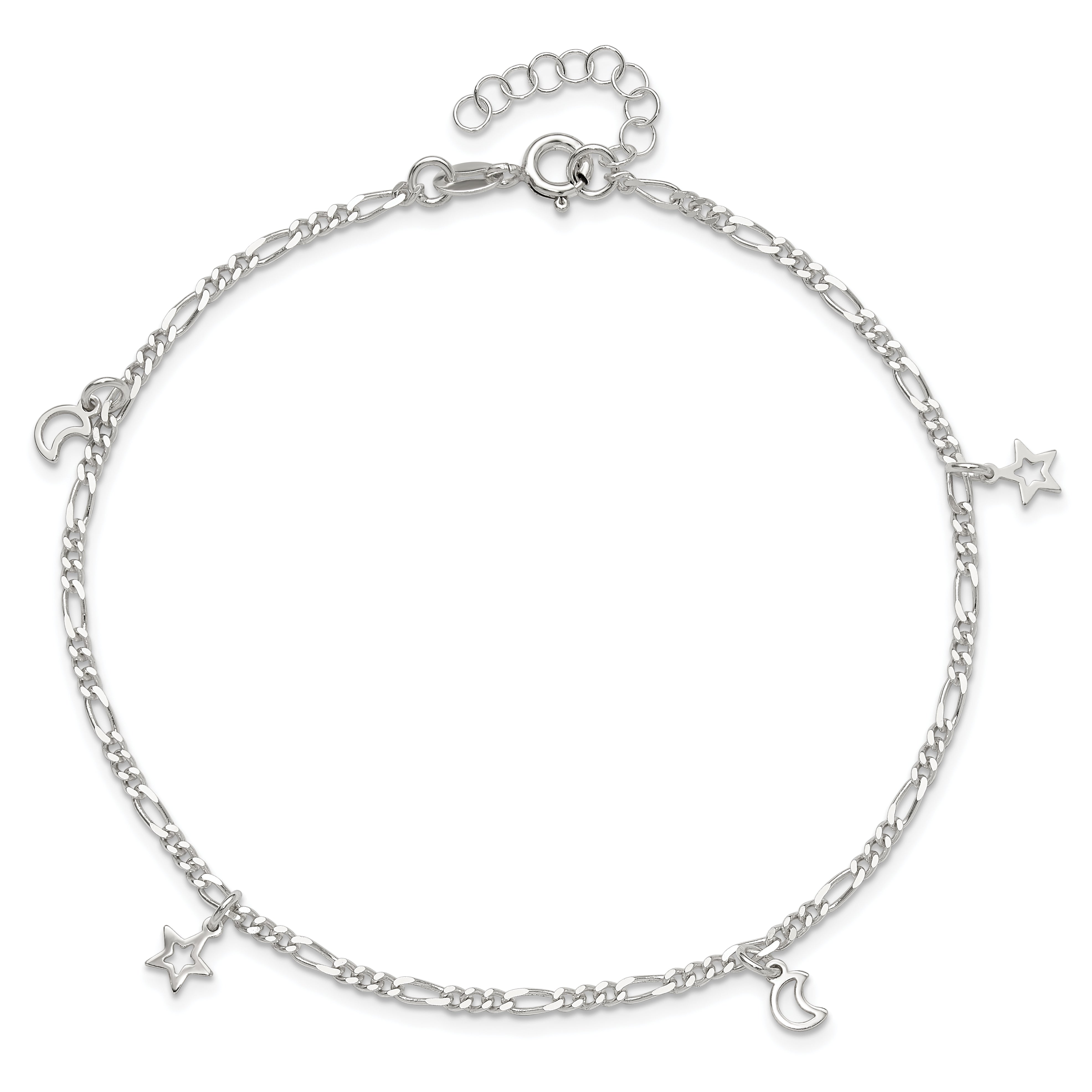 Sterling Silver Polished Star And Moon 9In Plus 1In Ext. Anklet