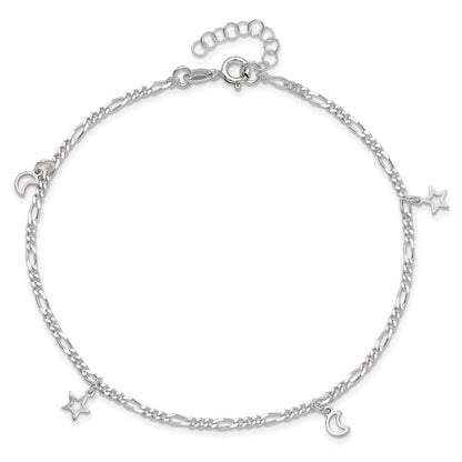 Sterling Silver Polished Star And Moon 9In Plus 1In Ext. Anklet