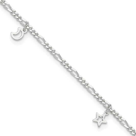 Sterling Silver Polished Star And Moon 9In Plus 1In Ext. Anklet