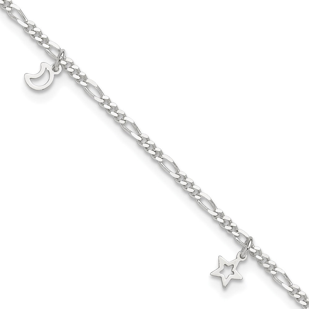 Sterling Silver Polished Star And Moon 9In Plus 1In Ext. Anklet