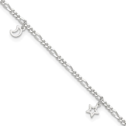 Sterling Silver Polished Star And Moon 9In Plus 1In Ext. Anklet