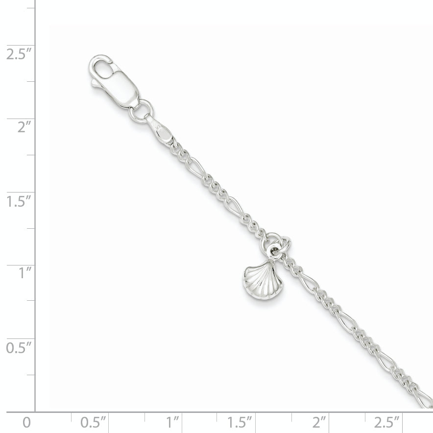 Sterling Silver Polished Shell 9In Plus 1In Ext. Anklet