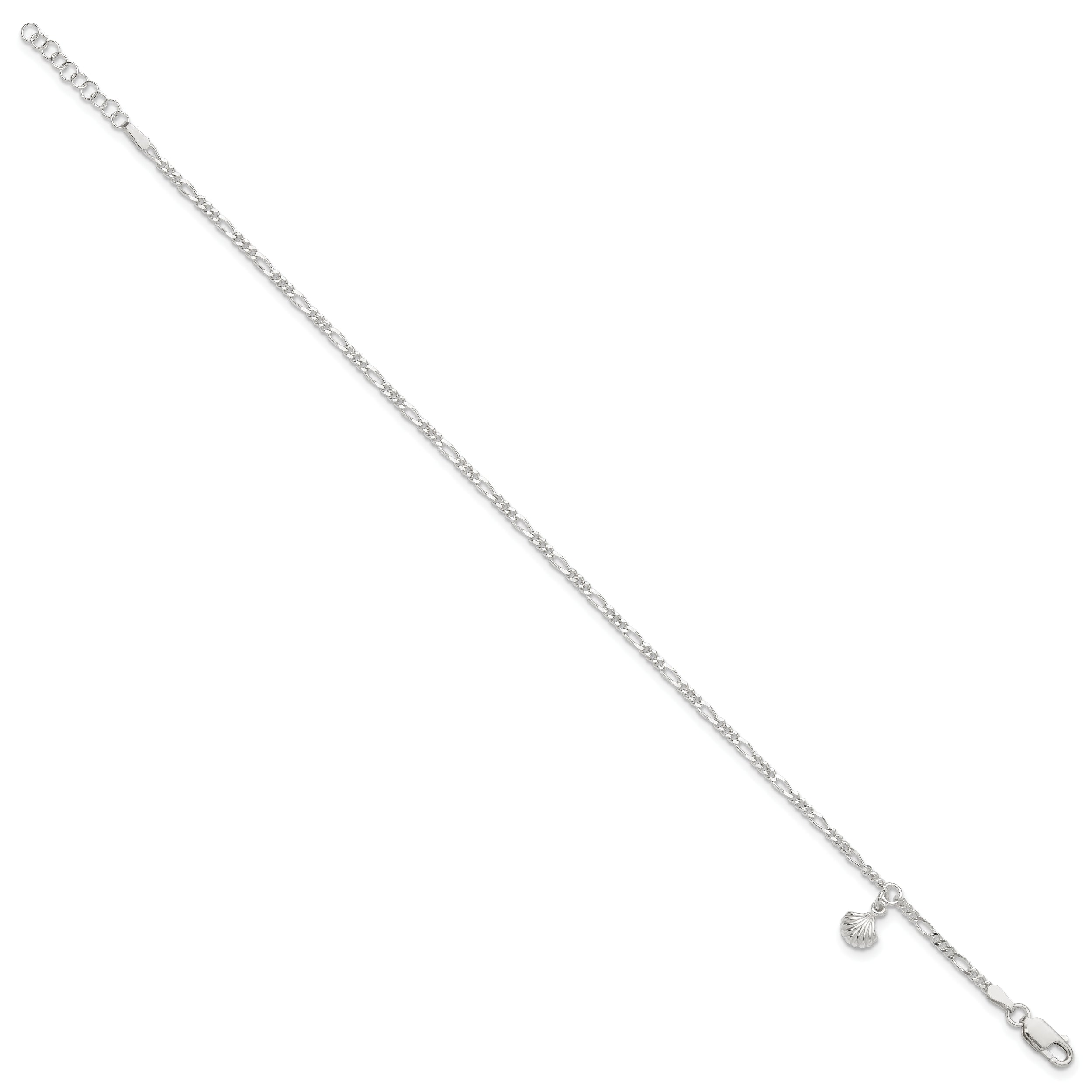 Sterling Silver Polished Shell 9In Plus 1In Ext. Anklet
