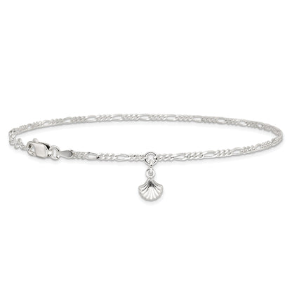 Sterling Silver Polished Shell 9In Plus 1In Ext. Anklet