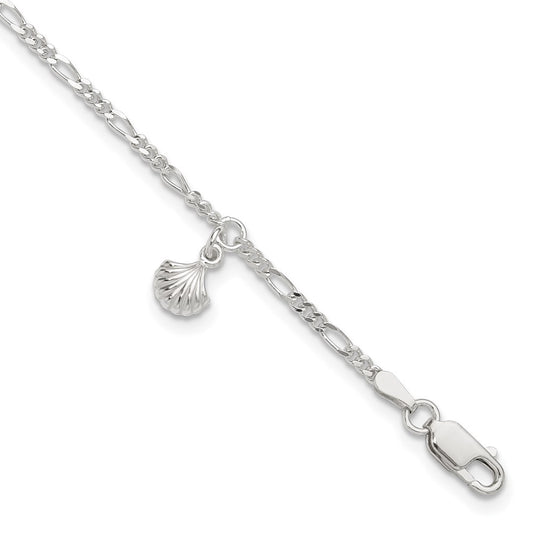 Sterling Silver Polished Shell 9In Plus 1In Ext. Anklet