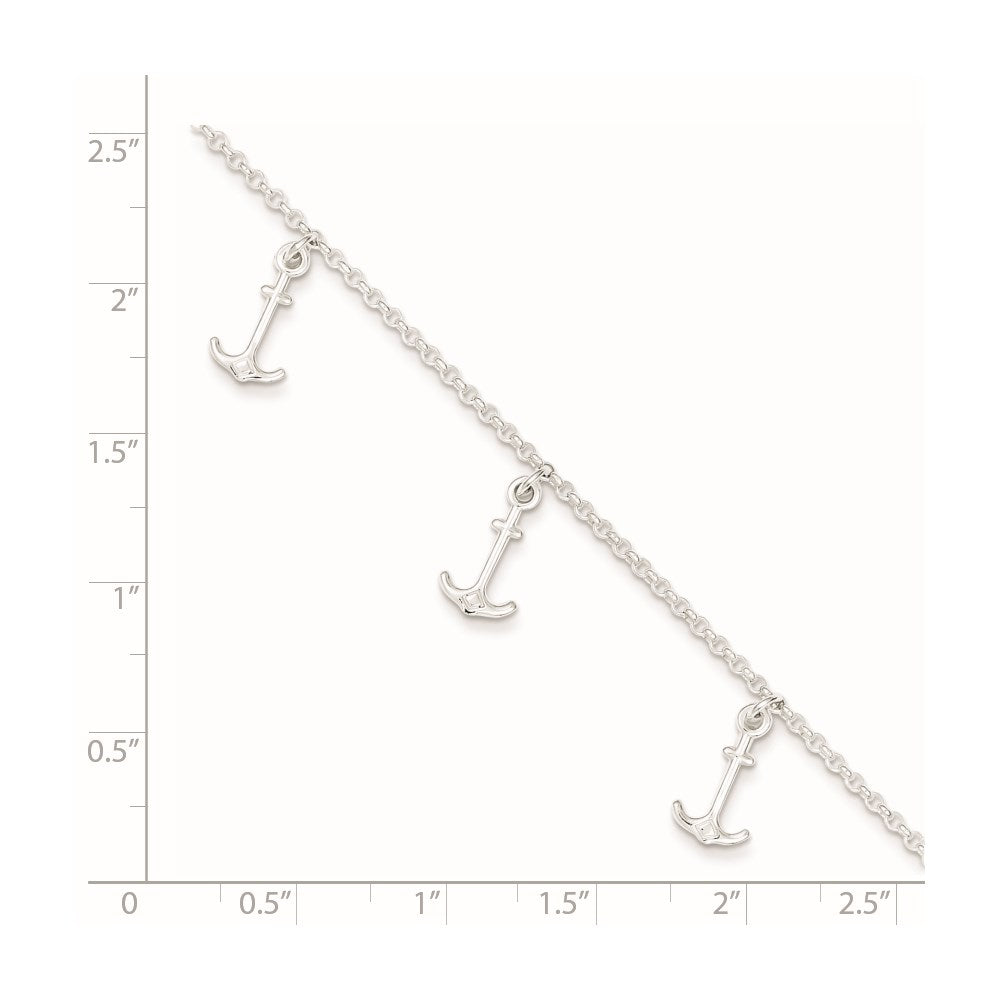 Sterling Silver Polished Anchors 9In Plus 1In Ext. Anklet