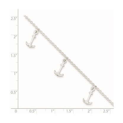 Sterling Silver Polished Anchors 9In Plus 1In Ext. Anklet