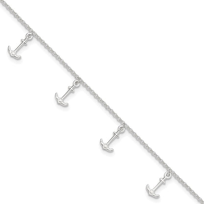 Sterling Silver Polished Anchors 9In Plus 1In Ext. Anklet