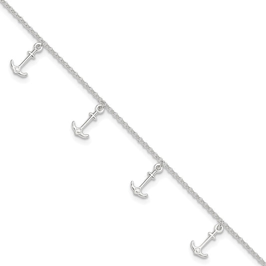 Sterling Silver Polished Anchors 9In Plus 1In Ext. Anklet