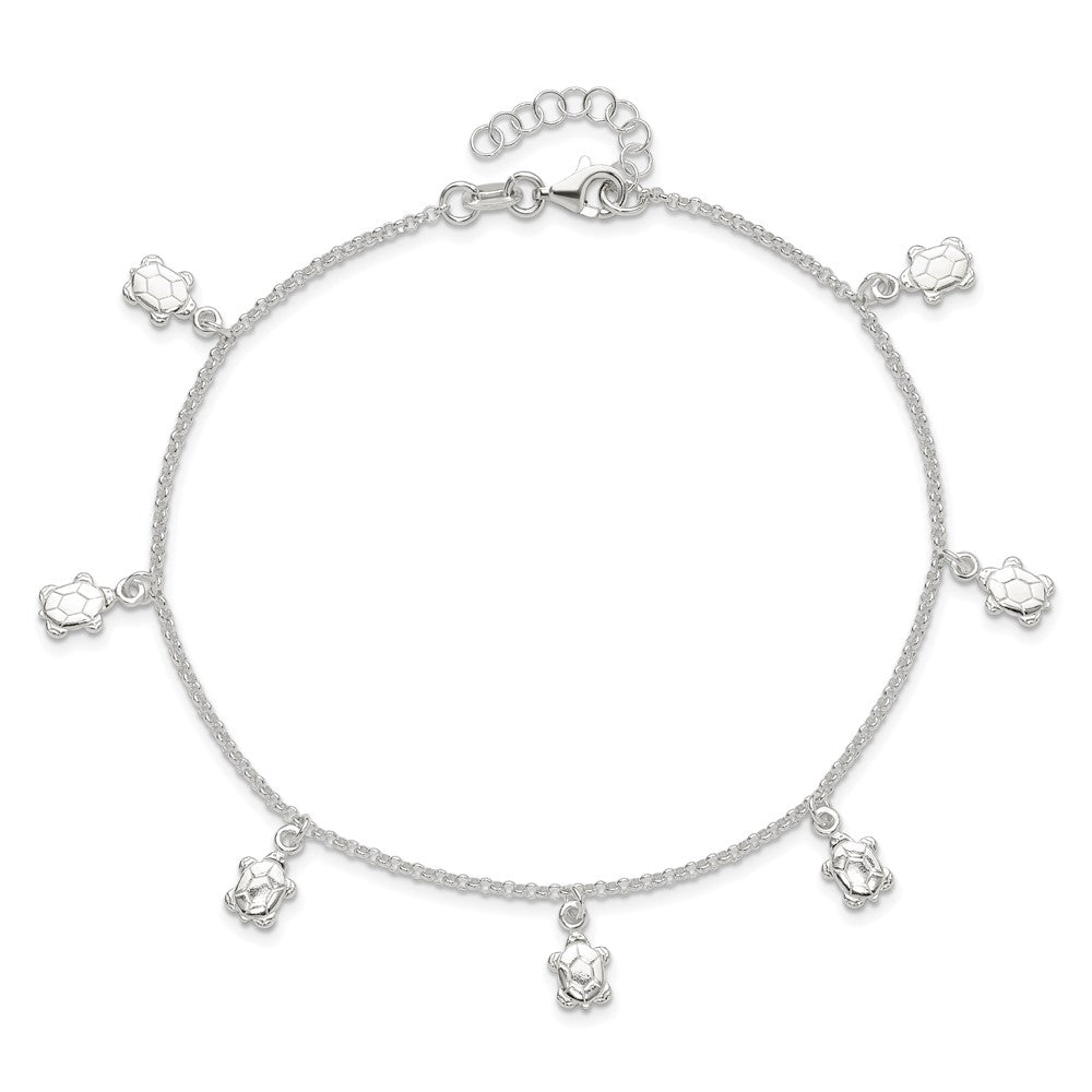 Sterling Silver Polished Turtle 9In Plus 1In Ext. Anklet