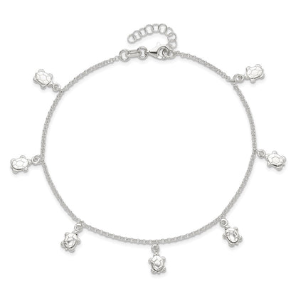 Sterling Silver Polished Turtle 9In Plus 1In Ext. Anklet