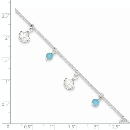 Sterling Silver Polished Shell And Turquoise 9In Plus 1In Ext. Anklet