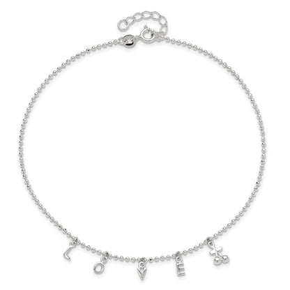 Sterling Silver Love 10 In Plus1 Ext. Anklet