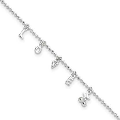Sterling Silver Love 10 In Plus1 Ext. Anklet