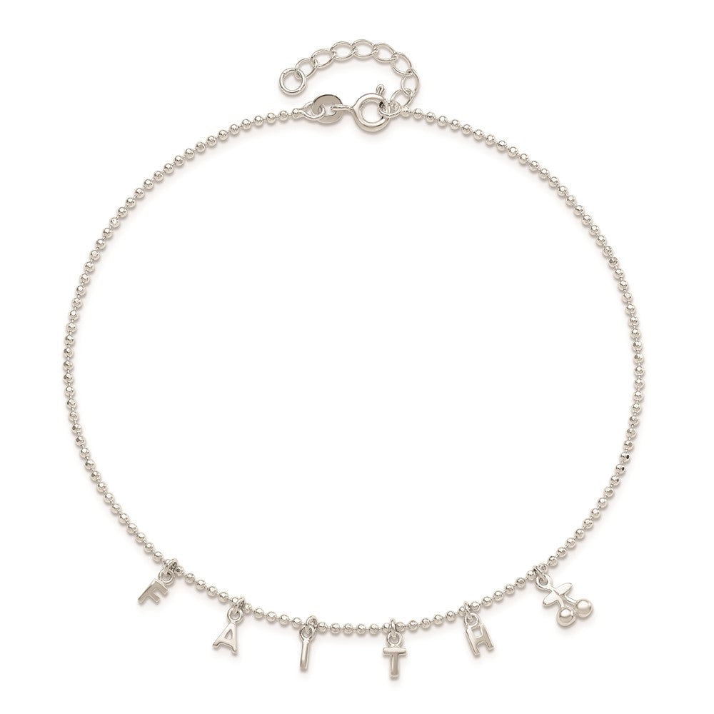 Sterling Silver Faith 10In Plus 1In Ext. Anklet