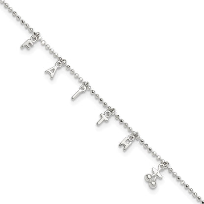 Sterling Silver Faith 10In Plus 1In Ext. Anklet