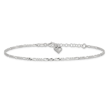 Sterling Silver Polished Heart 9In Plus 1In Ext. Anklet