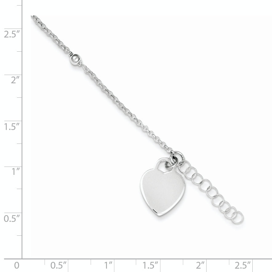 Sterling Silver Polished Bead And Heart 9In Plus 1In Ext. Anklet