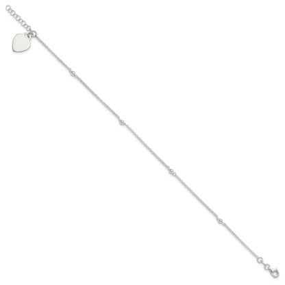 Sterling Silver Polished Bead And Heart 9In Plus 1In Ext. Anklet