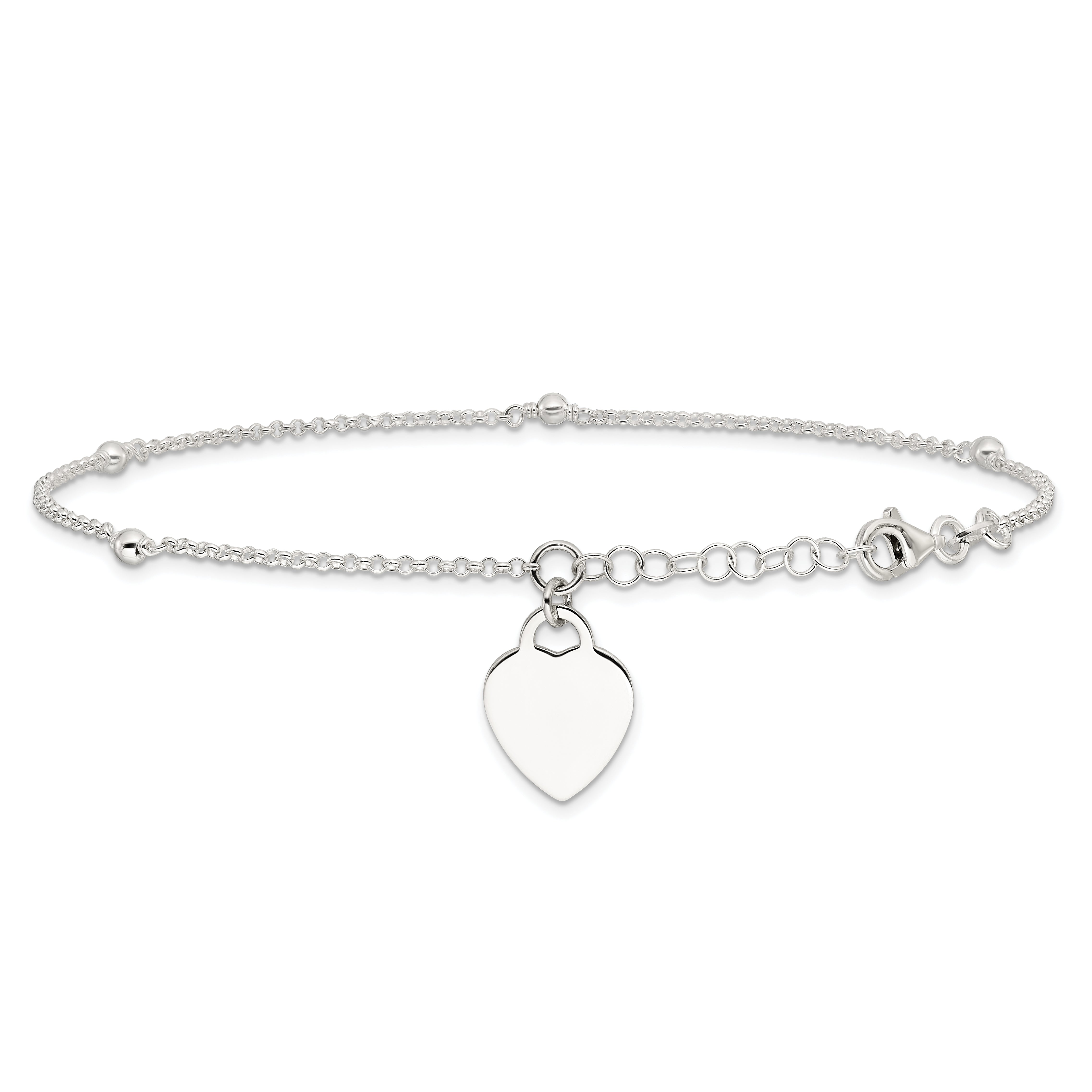 Sterling Silver Polished Bead And Heart 9In Plus 1In Ext. Anklet
