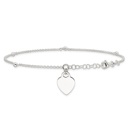 Sterling Silver Polished Bead And Heart 9In Plus 1In Ext. Anklet