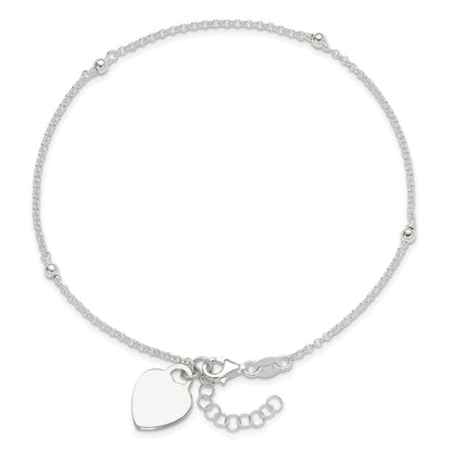 Sterling Silver Polished Bead And Heart 9In Plus 1In Ext. Anklet