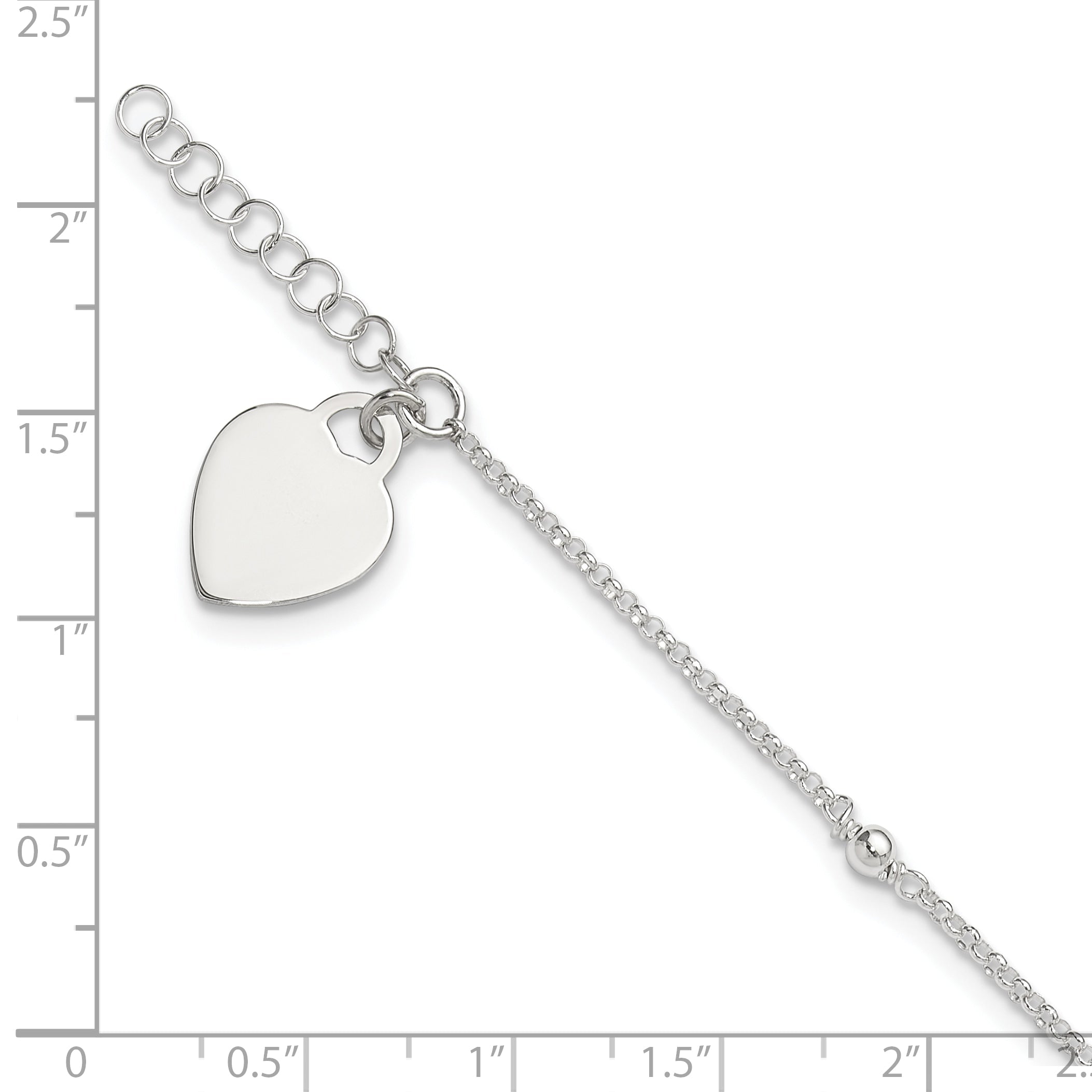 Sterling Silver Polished Bead And Heart 9In Plus 1In Ext. Anklet