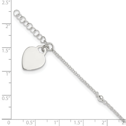 Sterling Silver Polished Bead And Heart 9In Plus 1In Ext. Anklet