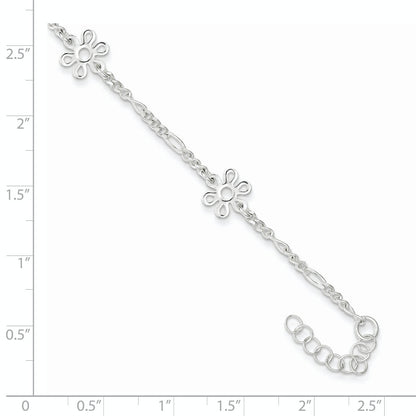 Sterling Silver Polished Flower 9In Plus 1In Ext. Anklet