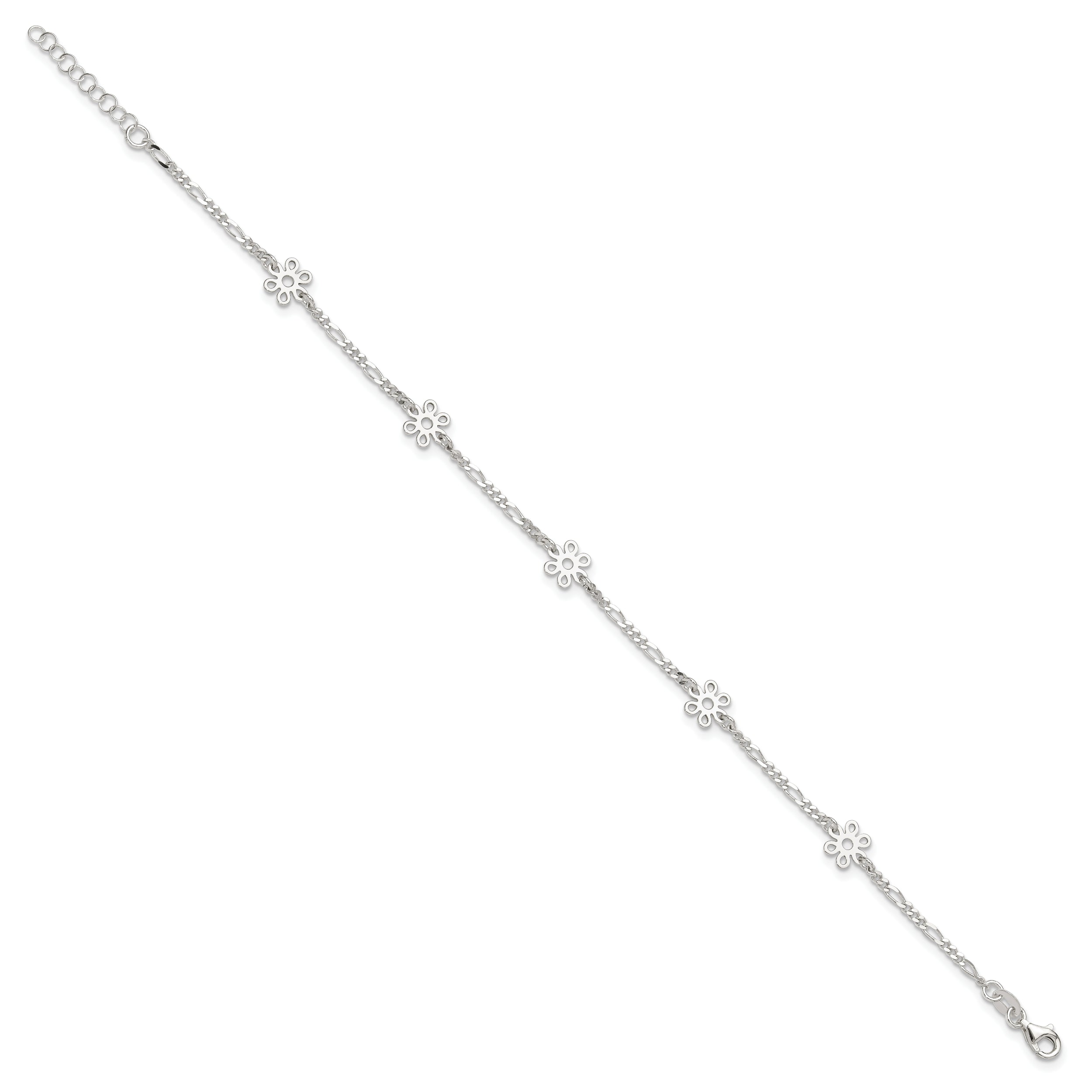 Sterling Silver Polished Flower 9In Plus 1In Ext. Anklet