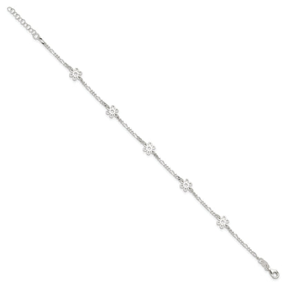 Sterling Silver Polished Flower 9In Plus 1In Ext. Anklet
