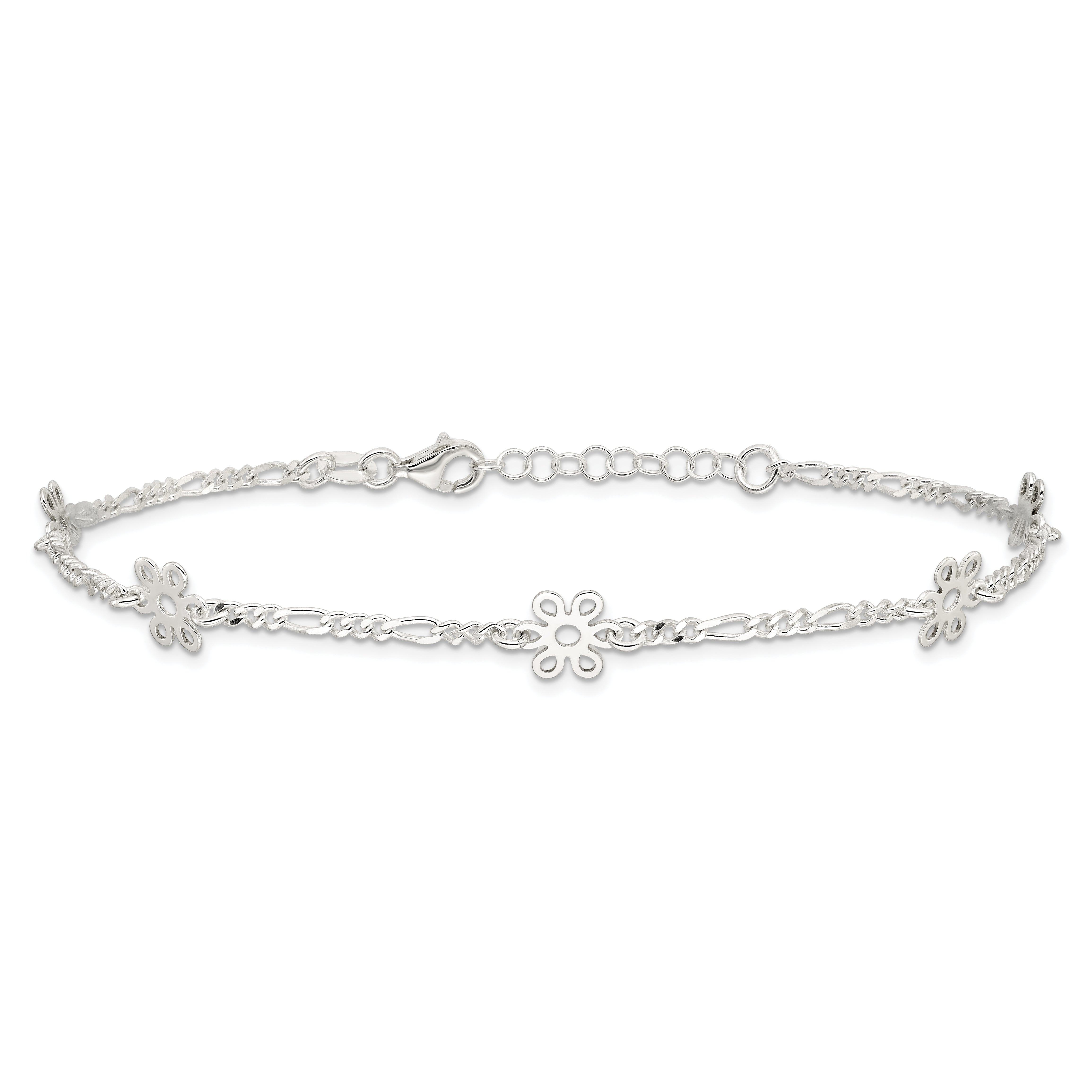 Sterling Silver Polished Flower 9In Plus 1In Ext. Anklet