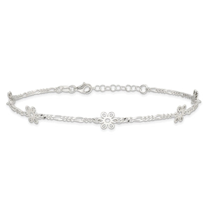 Sterling Silver Polished Flower 9In Plus 1In Ext. Anklet