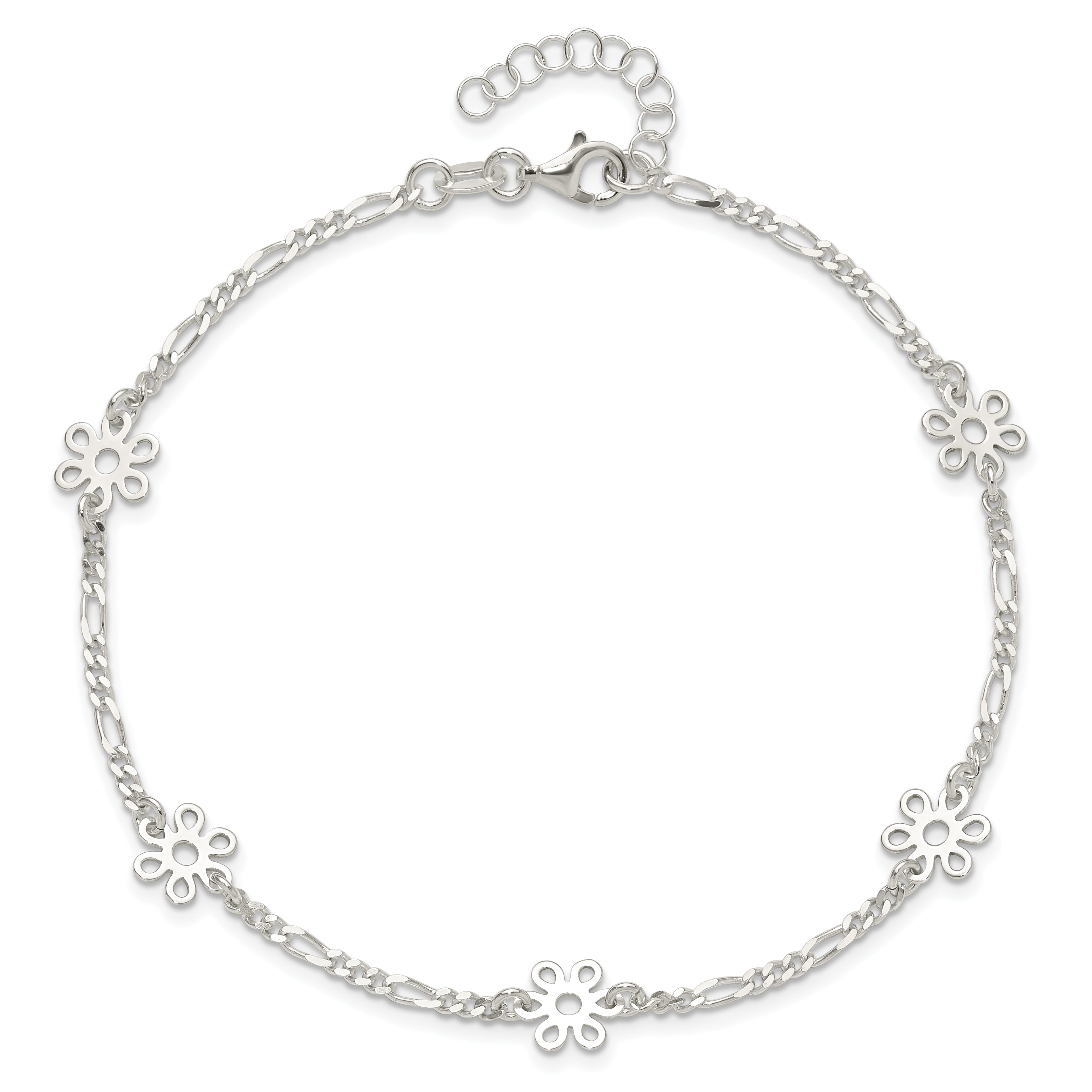 Sterling Silver Polished Flower 9In Plus 1In Ext. Anklet