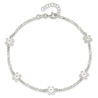 Sterling Silver Polished Flower 9In Plus 1In Ext. Anklet