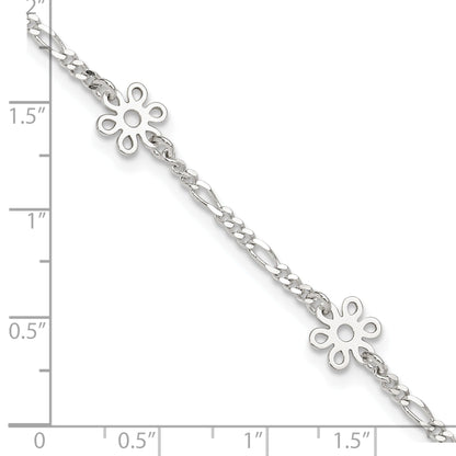 Sterling Silver Polished Flower 9In Plus 1In Ext. Anklet