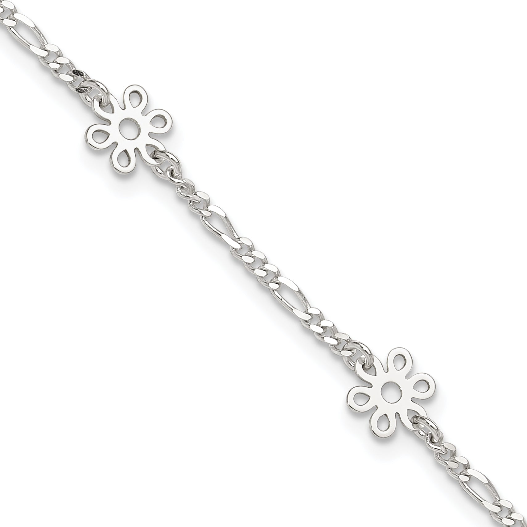 Sterling Silver Polished Flower 9In Plus 1In Ext. Anklet